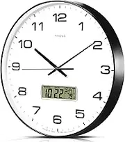 TIMESS Wall Clock, 14" Large Dial Non-Ticking Silent Battery Operated Analog with LCD Display for Perpetual Calendar and F° Temperature, Ideal Modern Home, Bedroom, Office Decor (Black)
