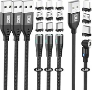 Magnetic Charging Cable 4 Pack- (6.6ft/6.6ft/3.3ft/3.3ft) 360° 3-in-1 Magnetic USB C Charging Cable | LED Light Nylon Braided Magnetic Cable for i-Products & Android with Micro USB & USB Type C