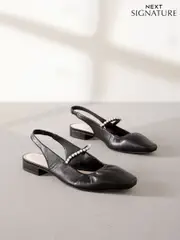 Black Signature Leather Square Toe Sling Back Mary Janes Shoes (N95602) | $42