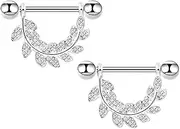 [TRBR] 14G Silver Leaf Nipple Piercing Jewelry, Nipple Rings Surgical Steel for Women, CZ Gem Nipple Shields Barbell Rings, 14 Gauge A Pair, 14G, 316L Surgical Stainless Steel Brass, no gemstone