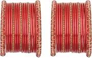 [Efulgenz] Indian Bridal Bangle Set Crystal CZ Rhinestone Bangle Set Maroon Plain Glossy Metal Bangles Set for Wedding Bracelet Bollywood Bangle Jewelry for Women (34 Pcs)