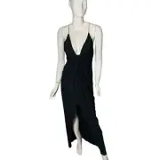 Aidan Mattox black cross back spaghetti strap maxi slip dress 6