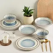 MissYip Melamine Dinnerware Set, 16 Piece for 4, Unbreakable Kitchen Plastic Plates and Bowls Set, Indoor and Outdoor Use Tableware, BPA Free, Dishwasher Safe, Not Microwave, Not Oven(Blue)
