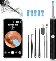 Ear Wax Removal, Ear Cleaner with Camera and Light, Ear Wax Removal Kit with 1296P Otoscope, Ear Cleaning Tool with 6 Ear Spoon, Ear Camera for iPhone & Android Phones,Black