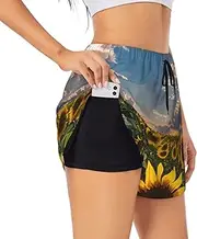 [GaxfjRu] Sunflowers Sunlight Print Women's Running Shorts High Waisted Running Shorts Pocket Sporty Gym Elastic Short