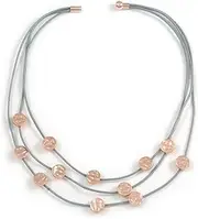 [Avalaya] 3 Strand Layered Mouse Grey Leather Cord with Matt Rose Gold Hammered Coin Magnetic Necklace - 50cm L