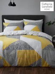 Catherine Lansfield Ochre Yellow Grey Larsson Geo Duvet Cover and Pillowcase Set (300053) | $39 - $65