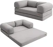 COMAX Folding Sofa Bed Queen, 4-in-1 Foldable Floor Couch Convertible Futon Sofa with Armrests Sleeper Mattress Chair Bed Comfy Portable Fold Out Lounge Guest for Living Room Bedroom, Light Grey
