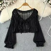 V-Neck Plain Ruffle Trim Tie Front Lace Crop Light Jacket Black - One Size