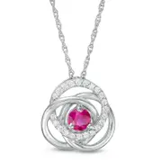 4.0mm Lab-Created Ruby and 0.1 CT. T.W. Diamond Love Knot Frame Pendant in Sterling Silver