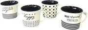 The House of Florence Hello Gorgeous Bone China Mugs 4 Pieces Set, Black/White, 370 ml Capacity