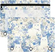 Lovely Animal Cute Cat White Blue poucheses with Zipper with Clear Window Bag Big Capacity 3 Rings Binder School Class Office Organizers Multicolored 2 PCS