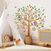 SHUCHING Colorful Clock Tree Wall Decals Animal Clock Tree Branch Wall Stickers for Girls Boys Kids Living Room Bedroom Kitchen Wall Décor (H:85cm/33.5Inches)