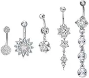 [Hemasa] 5 pcs Mixed Shapes with Glass Rhinestone Belly Button Bars For Women/Girls, Small, Stainless Steel, Apatite
