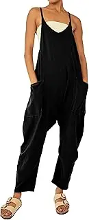 [Asskdan] Women's Loose V Neck Sleeveless Spaghetti Strap Harem Pants Rompers Overalls Jumpsuits Jumpers with Pockets