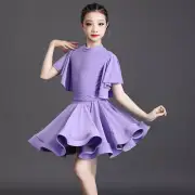 Girls Ballroom Dance Dress Short Flare Sleeve Latin Rumba Tango Dancewear Dress