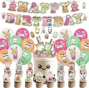 Bubble Tea Birthday Party Decorations - 94 Pcs Bubbles Tea Kit, Happy Birthday Banner Cake Topper, Boba Tea Cupcake Topper, Latex Balloons, Cartoon Animal Sticker, Pearl Milk Tea Party Supplies