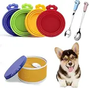 PACIOCEAN 4 Pcs Silicone Pet Can Covers & 2 Pcs Pet Spoons,Cute Spoon for Dog and Cat, One Meet Three Sizes,Can Covers Most Standard Size Dog and Cat Can Tops（Red Yellow Purple Green）
