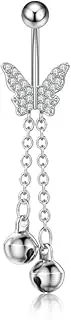 [Niaspi] Butterfly Belly Button Piercing Ring for Women Stainless Steel 14G CZ Butterfly Jingle Bell Dangle Navel Rings Body Piercing Jewelry, Stainless Steel, cubic zirconia