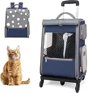 Pet Carrier Backpack with Wheels for Cat,Removable Cat Dog Backpack Carrier for Travel,Cat Carrier with Universal Wheels for Cats and Small Dogs,Dark Blue