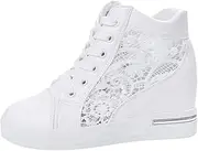 [Generic] Casual Womens Shoes for Winter Lace Wedge Leather Increasing Shoes Women Platform Rubber Women's Casual Shoes Mens Extra Wide Casual Shoes White