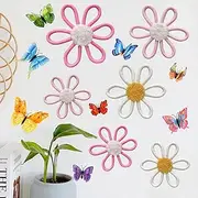 KUNHEHO Boho Wall Decor Set of 6 Daisy Flower With Butterflies Wall Decor Nursery Wall Decors Bohemian Macrame Wall Hanging Decor for Nursery Home Bedroom (3 colors)