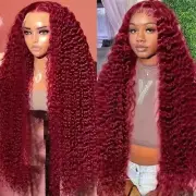 250 Density 30 Inch 13x4 99J Burgundy DeepWave Lace Frontal Wig Curly HumanHair