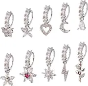 [Gosknor] 10 Pcs Dangle Nose Stud Rings Hoops, Copper Dainty Star Moon Heart Leaf Dangle Nose Hoop Piercing Jewelry for Women Fashion Accessories(Silver), Medium, Copper, no gemstone