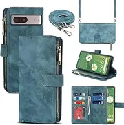 [Jaorty] Fit for Google Pixel 7 Phone Case Wallet for Women Men with Crossbody Strap Lanyard,Pixel 7 Wallet Case with Card Holer,Zipper Pocket PU Leather Phone Case for Pixel 7, 6.3 Inch,Blue