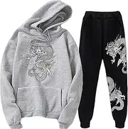 [DSAoTeng] Chinese Dragon Print Tracksuit Set Unisex Dragon Hoodies Sweatshirt & Jogger Pants Two Piece Set