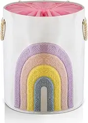 INough Baby Laundry Basket Pink Baby Hamper, Canvas 58L XL Baby Clothes Basket with Drawstring Closure Girl Laundry Hamper for Nursery Toy Baskets, Baby Girl Room Decor Boho (Rainbow)