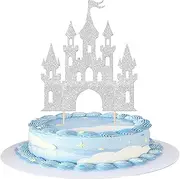SYKYCTCY 1 Pack Castle Cake Topper Princess Cake Topper Glitter Celebrating Princess Happy Birthday Cake Pick Castle Theme Cake Decoration for Baby Shower Kids Girls Birthday Party Supplies (Silver)