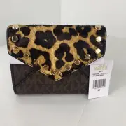 New Michael Kors Wallet Mott Calf Hair Leopard Print Leather Brown Studded W7