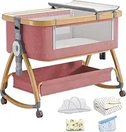 Baby Cradle Bed, Baby Bassinet with Mattress and Mosquito net, Portable 3 in 1 Baby Bed, Adjustable Height Crib, Installation-Free Crib, Prevent Milk Choking, Baby cot with Sheet and Pillow (Pink)