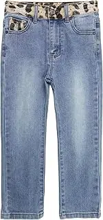 [Kidscool Space] Girls Leopard Printed Waist Denim Pants,5T-14T Stretchy Straight Slim Jeans