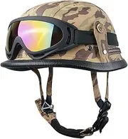 German Style Motorcycle Leather Open Face Helmet Retro Half Helmet + Goggles Men Women Motorcycle Half Face Jet Style Half Shell Helmet for Cruiser Scooter Moped DOT Approved