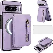 Compatible with Magsafe for Google Pixel 8 Pro 5G Wallet Case and Screen Protector PU Leather Slim Zipper Detachable Stand Credit Card Holder Slot Cell Cover Pixel8Pro Pixel8 XL Eight 8Pro Purple