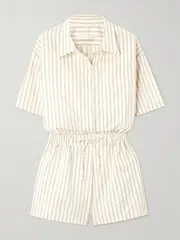 [Faithfull] Faithfull - Faia Belted Striped Cotton-poplin Playsuit - Off-white - medium medium Off-white