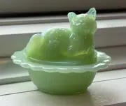 Mosser Glass Cat On A Basket Salt Cellar Dip Milk Glass - Color: JADE/ JADEITE