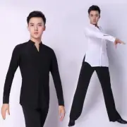 Mens Solid Latin Dance Shirt Top Salsa Modern Stretchy Long Sleeve Ballroom Chic