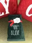 NEW Rae Dunn Set/2 Hand Towels BELIEVE. Christmas Elf Green White Embroidery