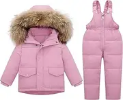 [Fewlby] Children's Ski Suits 2 Piece Snowsuit - Down Jacket with Artificial Fur Hood + Snow Dungarees, Winter Clothing Set Boys Girls Winter Jacket and Ski Trousers Outfit Set