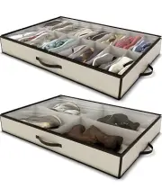 Woffit 16 Pair Shoe, Under Bed Storage Container, Beige Only, Set of 2 Large-New