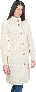 [SAOL] 100% Merino Wool Irish Cardigan for Women with Celtic Knot Buttons -Aran Long Outdoor Cable Knit Coatigan