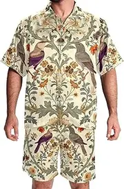 [FNETJXF] Men's Hawaiian Shirts and Shorts Set, Mens Short Sets 2 Piece Outfits, Men Vacation Outfits, Floral Vintage Roster Pattern, Mens Summer Outfits
