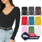 Ladies Womens Basic Long Sleeve Plain V-Neck Stretch Top Stretchy T-Shirt 8-26