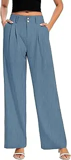 [FUNYYZO] Women Long Dress Pants High Waisted Work Pants Dressy Casual Wide Leg Elastic Waist Trousers, Denim Blue, Small