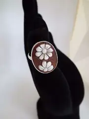 Flower Hand carved Italian sardonyx sterling silver adjustable ring to size 10