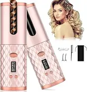 Automatic Curling Iron, Cordless Auto Curler with LED Display, 6 Temperature & Timer Settings, USB Rechargeable, Tangle-Free & Anti-Scald Design, Portable Ceramic Curling Wand for All Hair Types, Auto Shut-Off