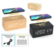 Modern Wooden Wood Digital LED Desk Alarm Clock Thermometer Wireless Charger Bam
